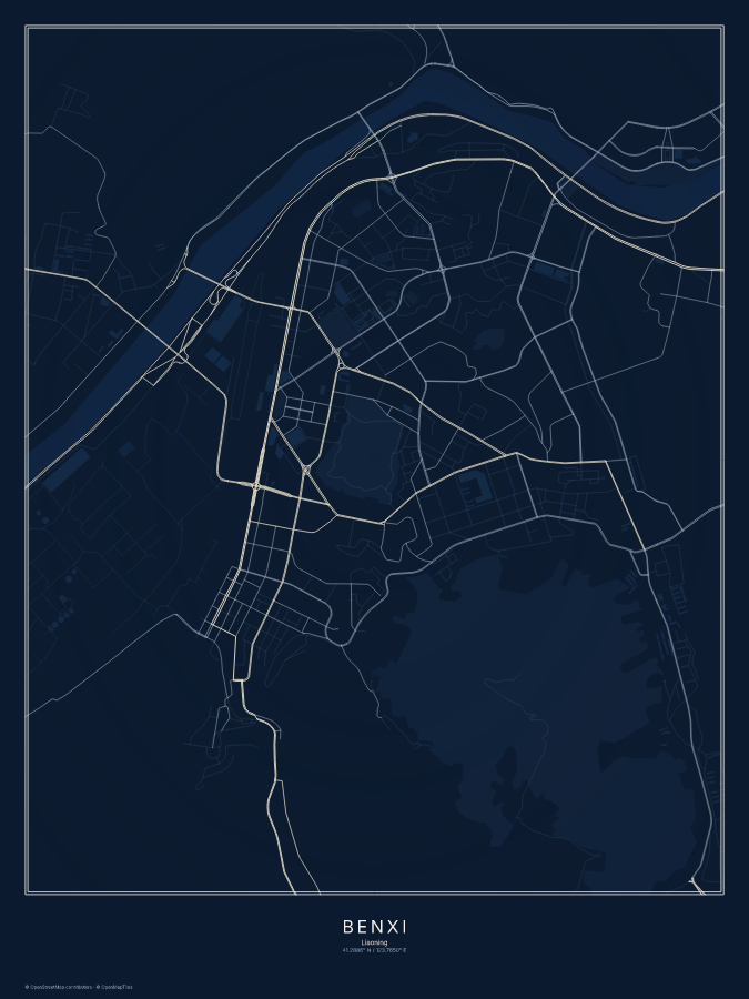 Benxi map poster, midnight style