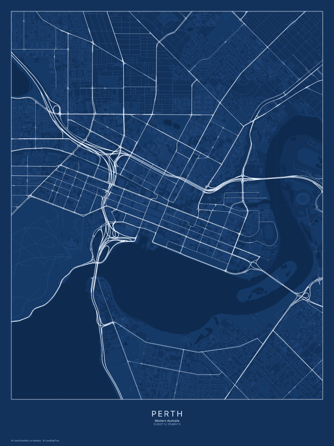 Perth map poster, blueprint style
