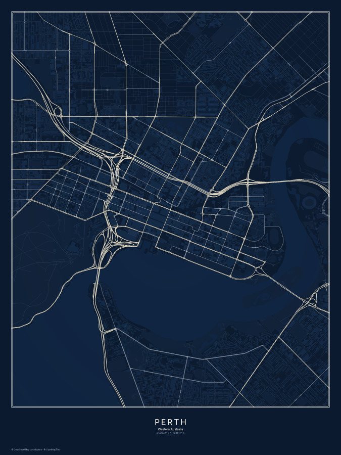 Perth map poster, midnight style