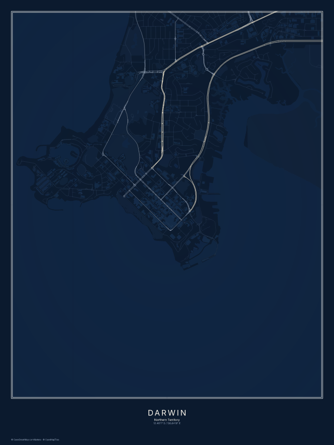 Darwin map poster, midnight style