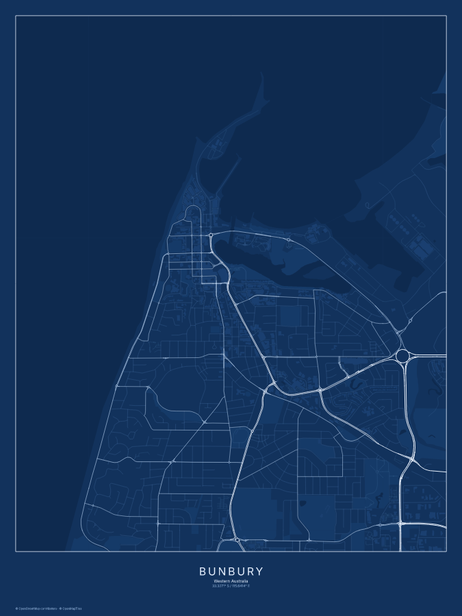 Bunbury map poster, blueprint style