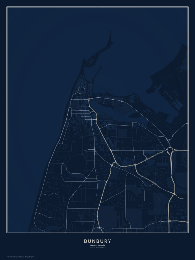 Bunbury map poster, midnight style