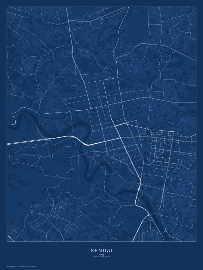 Sendai map poster, blueprint style