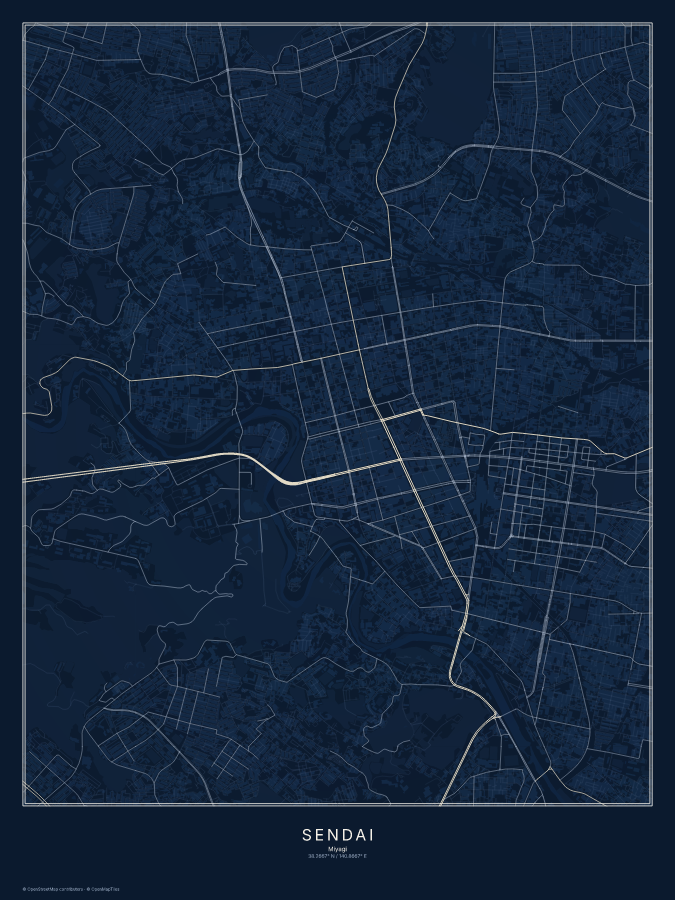 Sendai map poster, midnight style