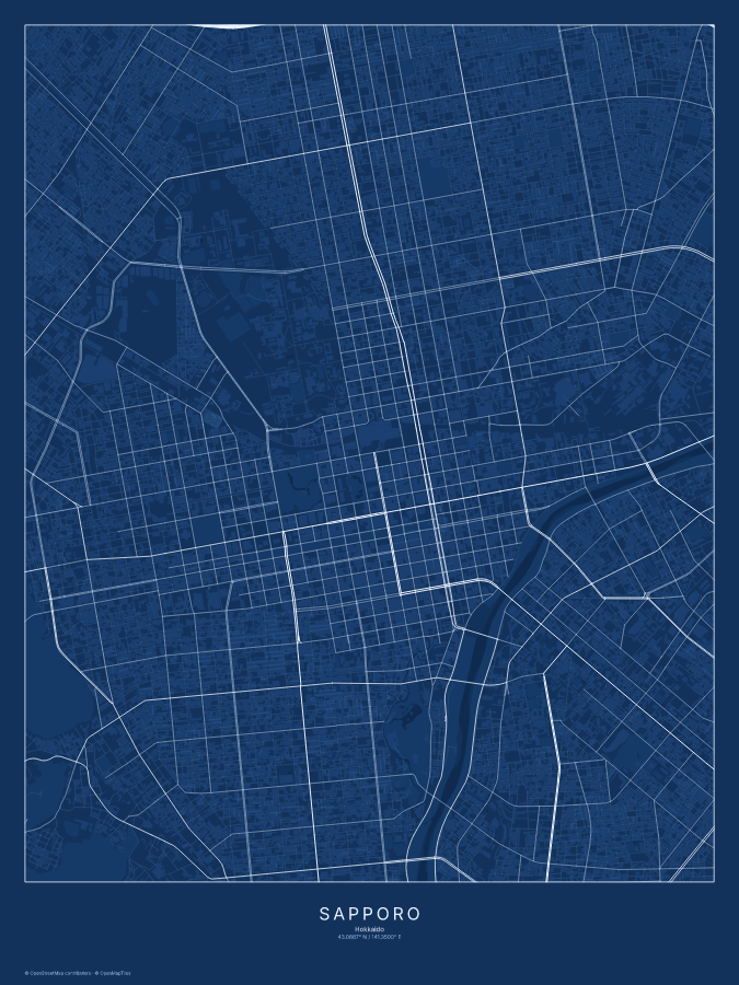 Sapporo map poster, blueprint style