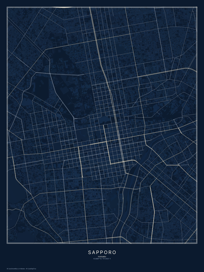 Sapporo map poster, midnight style