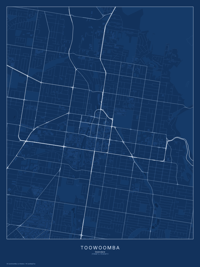Toowoomba map poster, blueprint style
