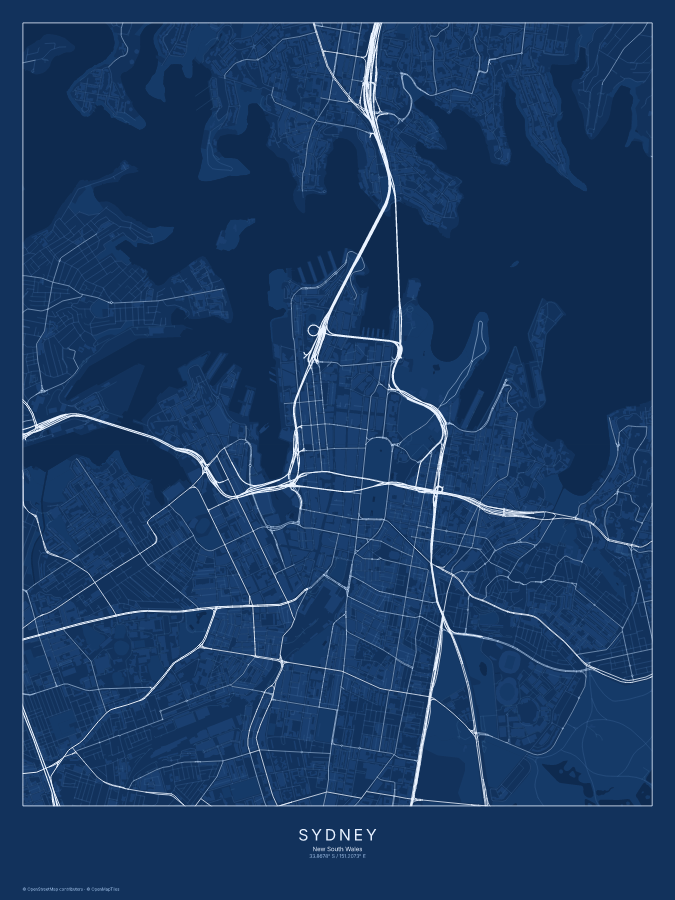 Sydney map poster, blueprint style