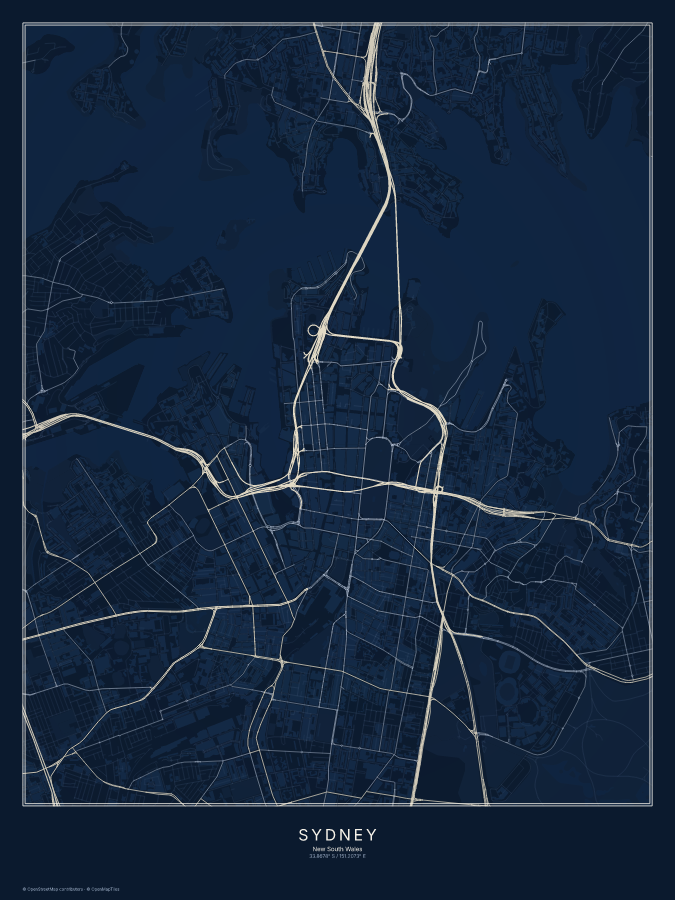 Sydney map poster, midnight style