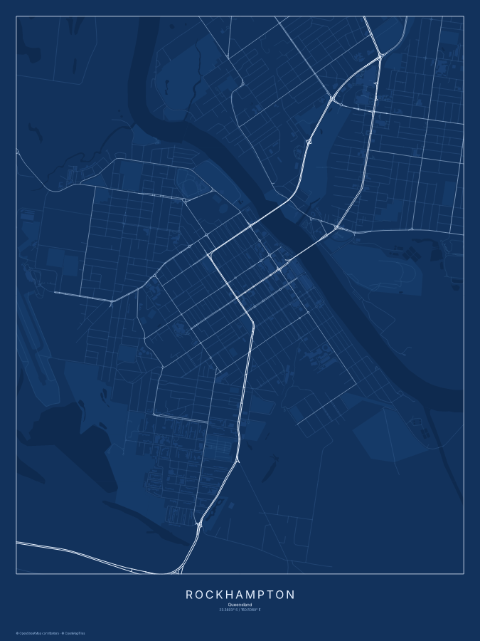 Rockhampton map poster, blueprint style