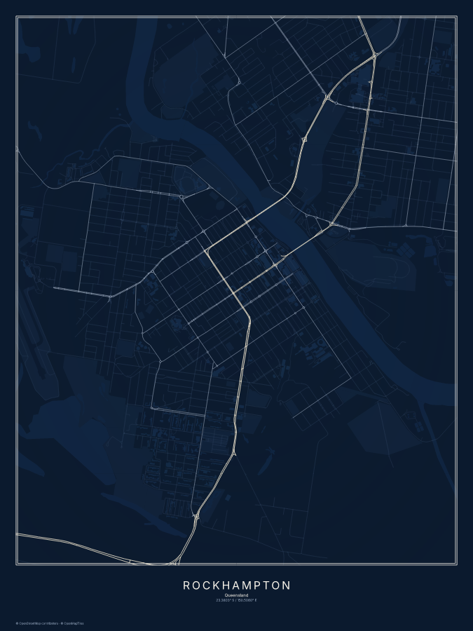 Rockhampton map poster, midnight style