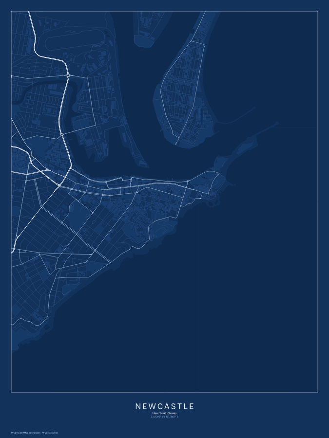 Newcastle map poster, blueprint style