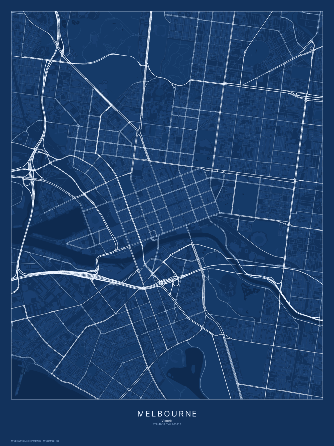 Melbourne map poster, blueprint style