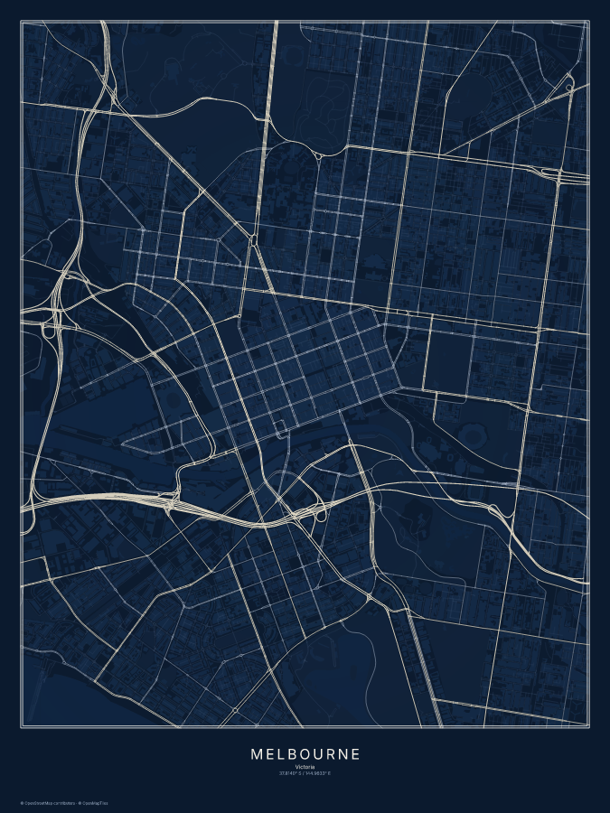 Melbourne map poster, midnight style