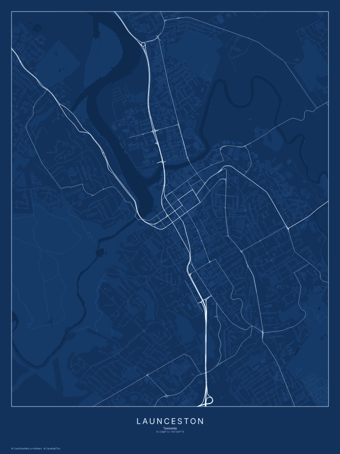 Launceston map poster, blueprint style
