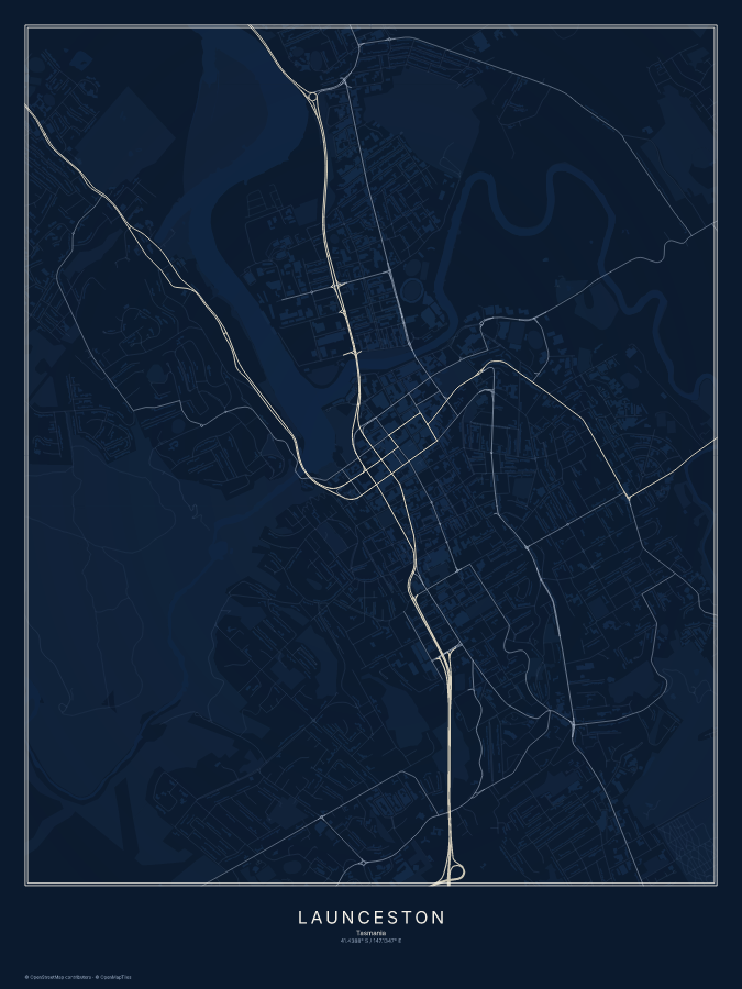 Launceston map poster, midnight style