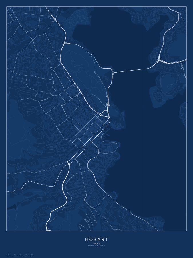 Hobart map poster, blueprint style