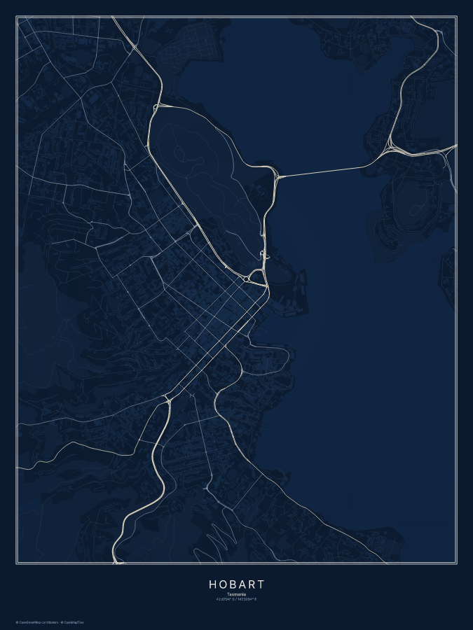 Hobart map poster, midnight style