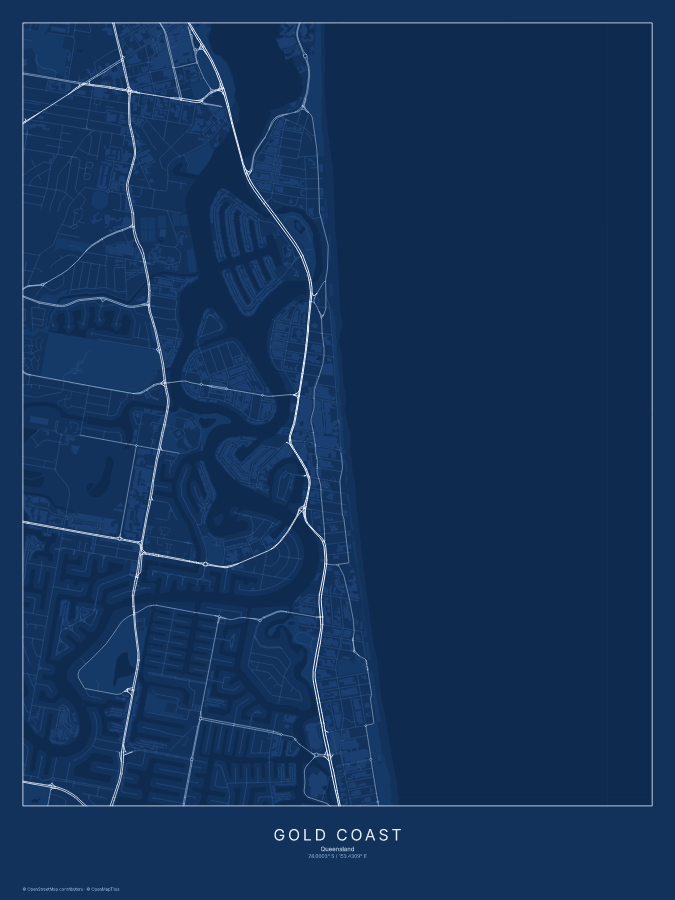 Gold Coast map poster, blueprint style