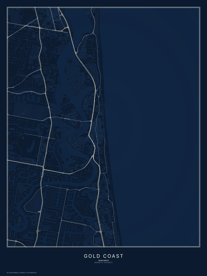Gold Coast map poster, midnight style