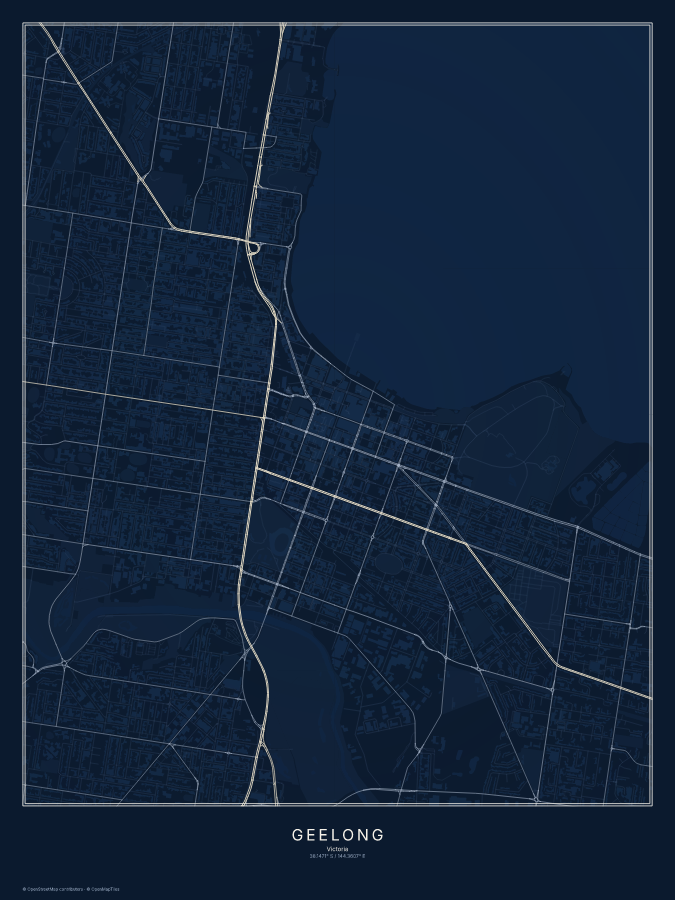 Geelong map poster, midnight style