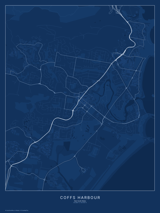 Coffs Harbour map poster, blueprint style