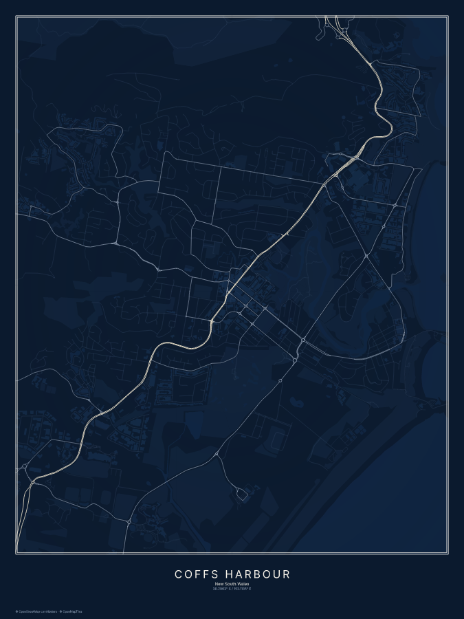 Coffs Harbour map poster, midnight style