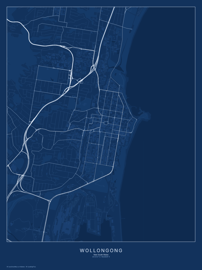 Wollongong map poster, blueprint style