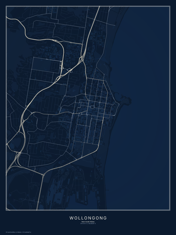 Wollongong map poster, midnight style