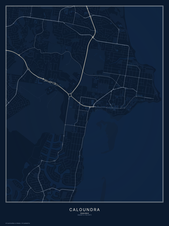 Caloundra map poster, midnight style