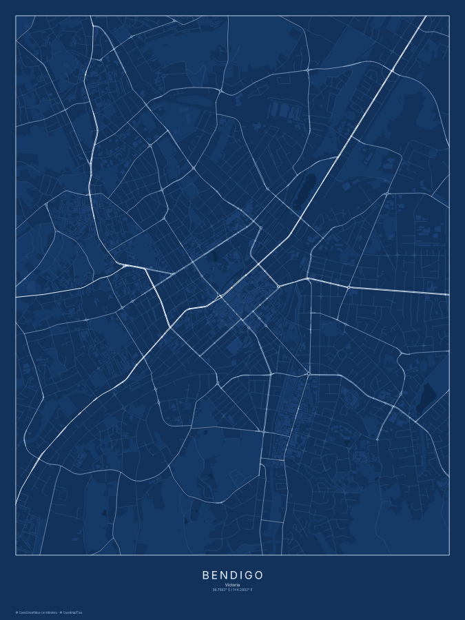 Bendigo map poster, blueprint style