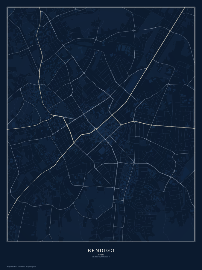 Bendigo map poster, midnight style