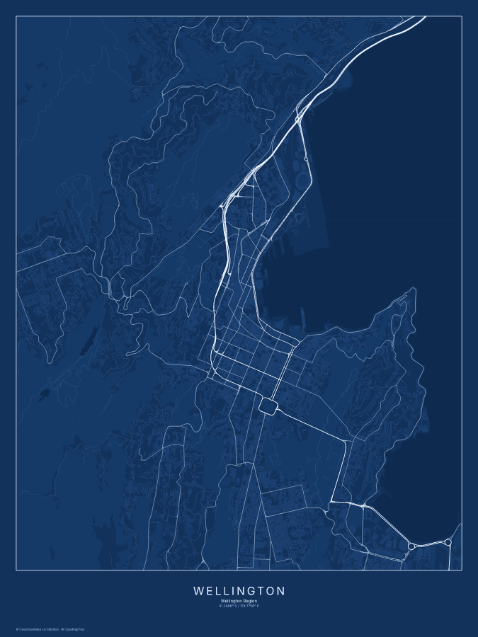 Wellington map poster, blueprint style