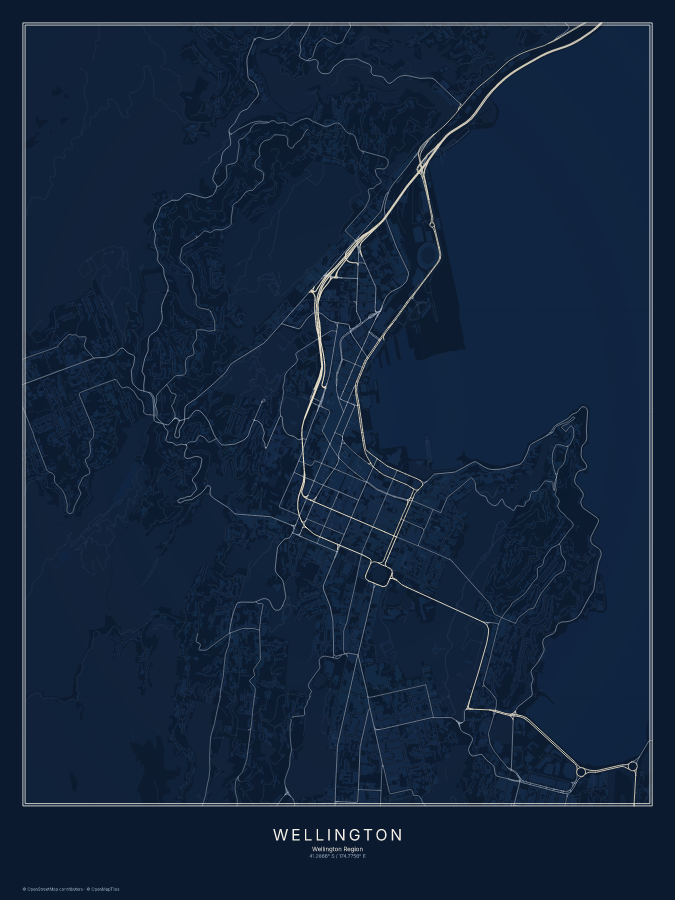 Wellington map poster, midnight style