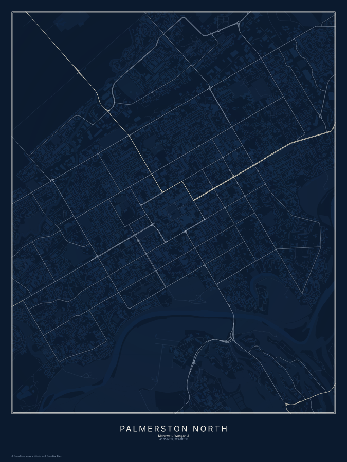 Palmerston North map poster, midnight style