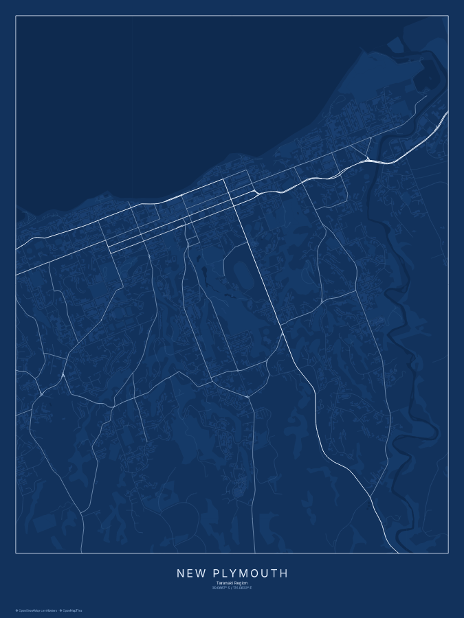 New Plymouth map poster, blueprint style