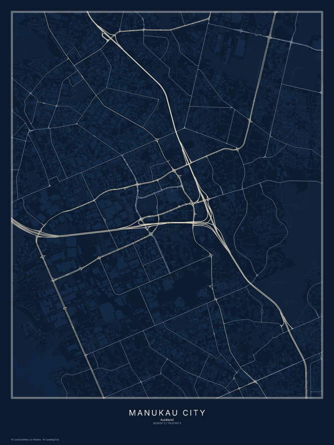 Manukau City map poster, midnight style