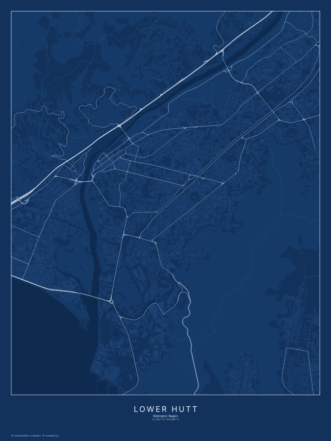 Lower Hutt map poster, blueprint style