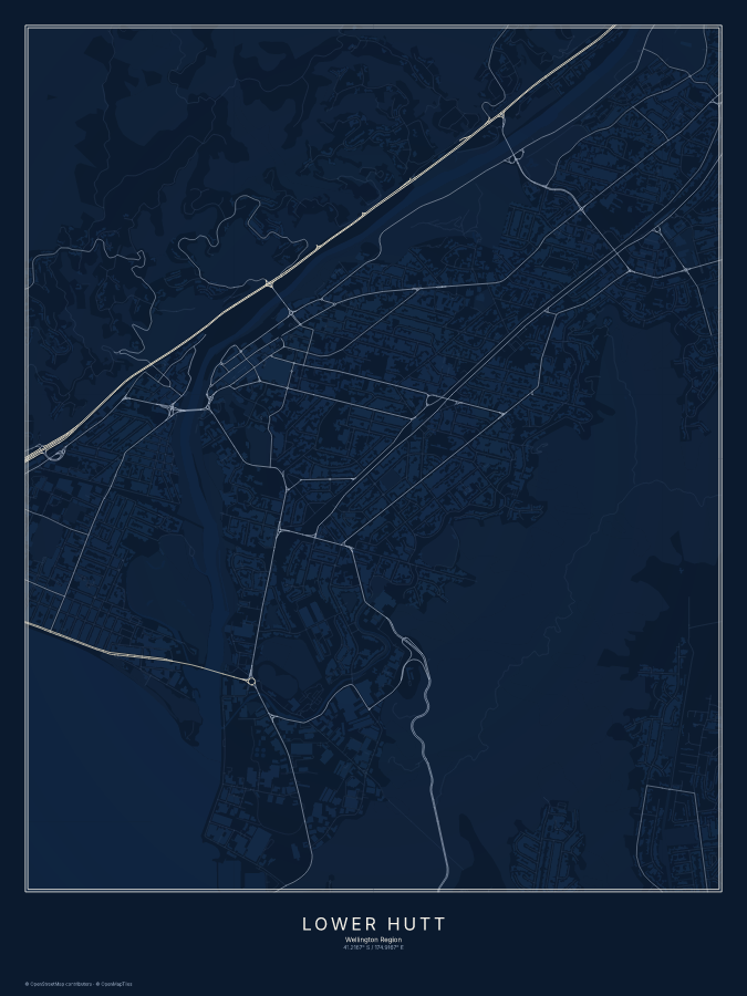 Lower Hutt map poster, midnight style
