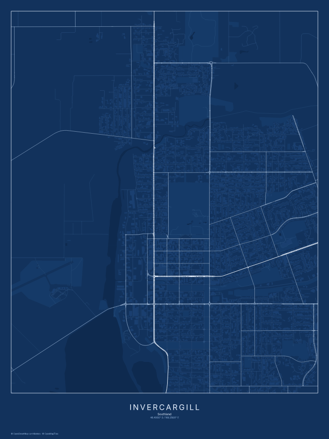 Invercargill map poster, blueprint style