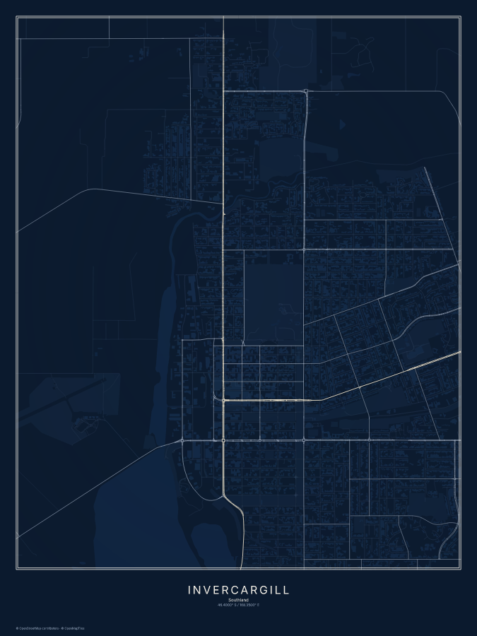 Invercargill map poster, midnight style