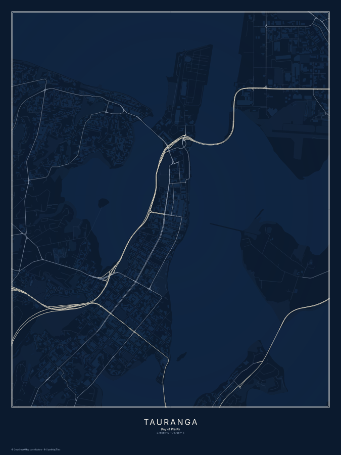 Tauranga map poster, midnight style