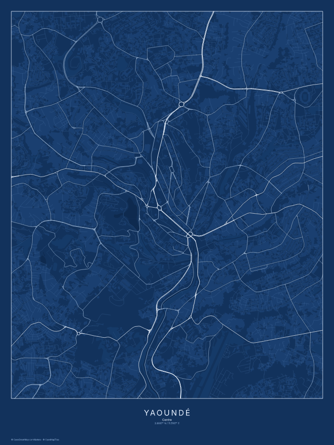 Yaoundé map poster, blueprint style