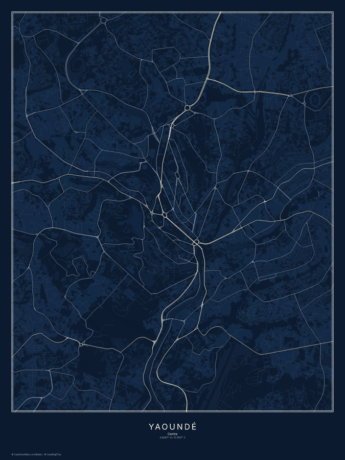 Yaoundé map poster, midnight style