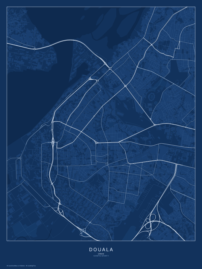 Douala map poster, blueprint style