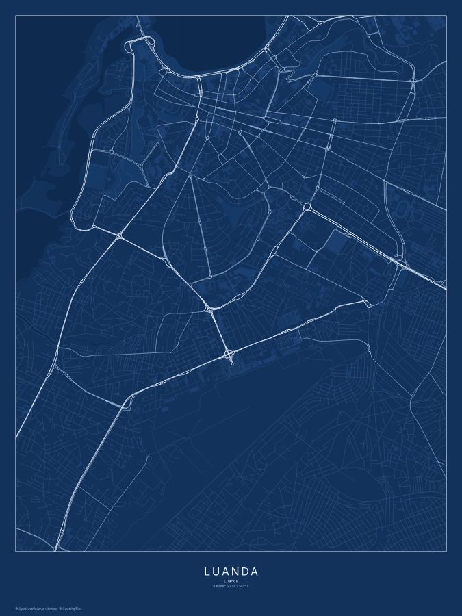 Luanda map poster, blueprint style