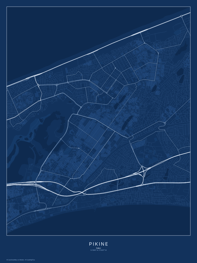 Pikine map poster, blueprint style