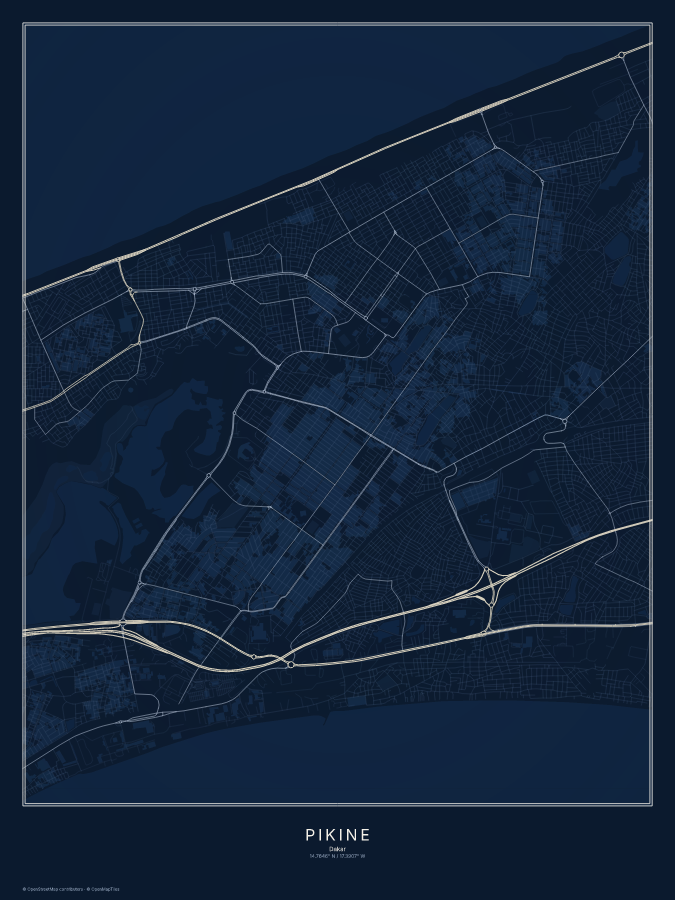 Pikine map poster, midnight style