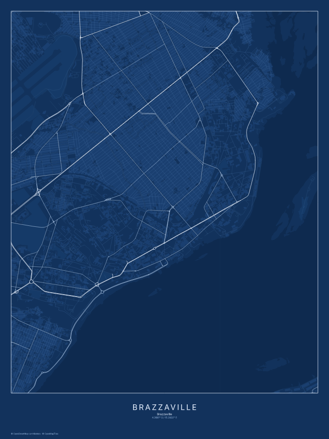 Brazzaville map poster, blueprint style