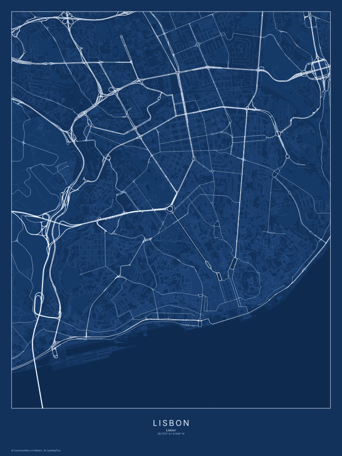 Lisbon map poster, blueprint style